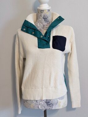 Talbots Snap-Front Pullover Sweater Cream with Teal and Navy Accents X-Small